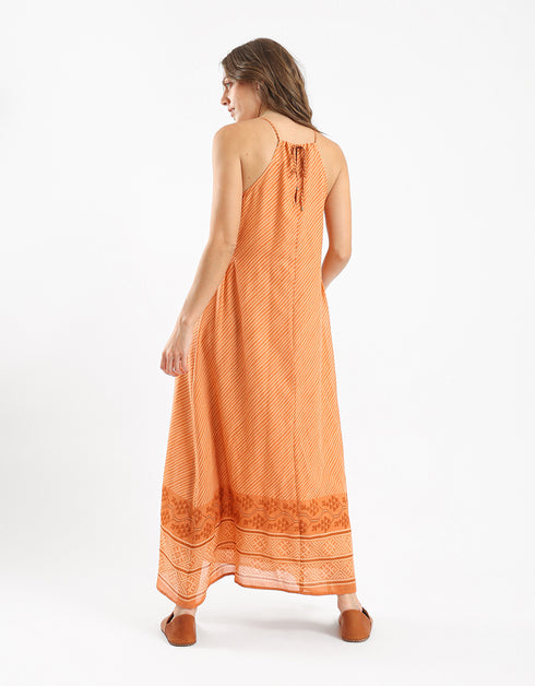 Printed voile long dress with a halter neckline